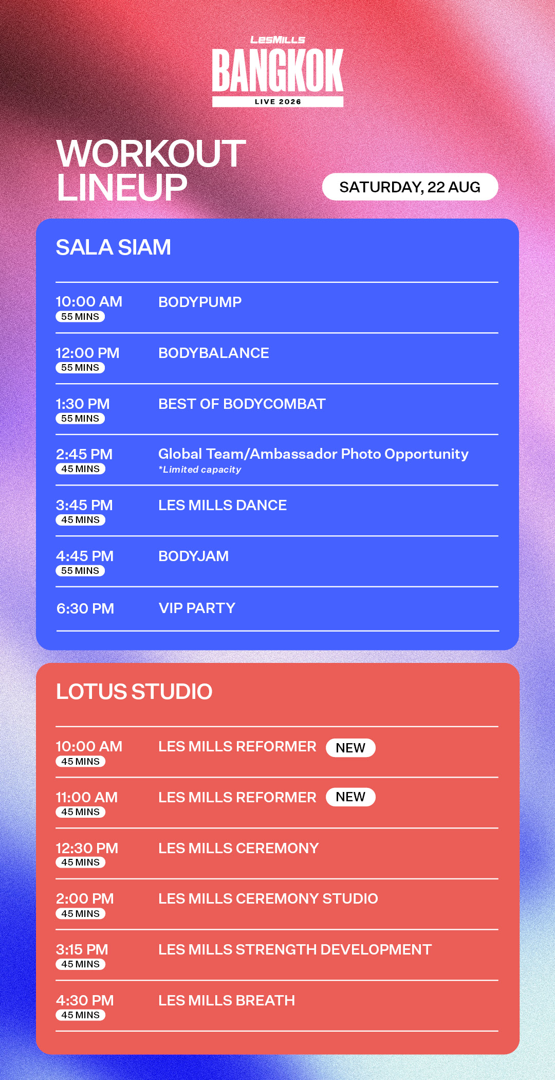 Saturday, 23 August - Workout Lineup