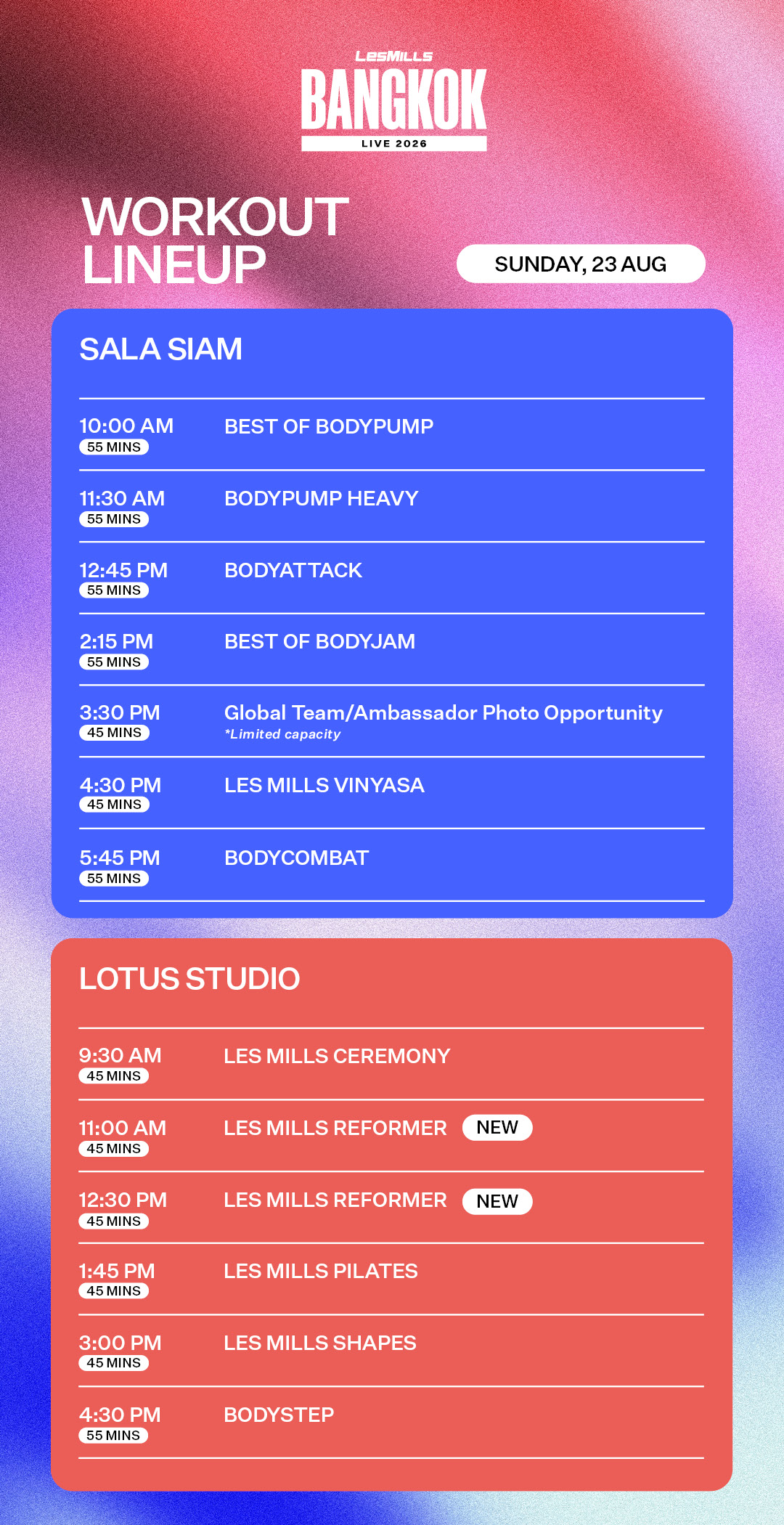 Sunday, 23 August - Workout Lineup